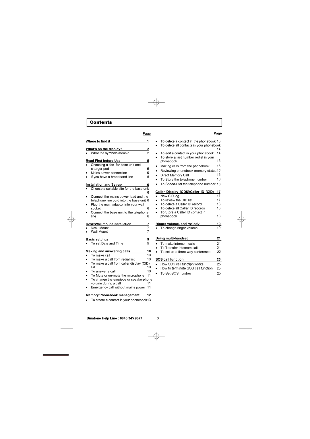 Binatone 2300 manual Contents 