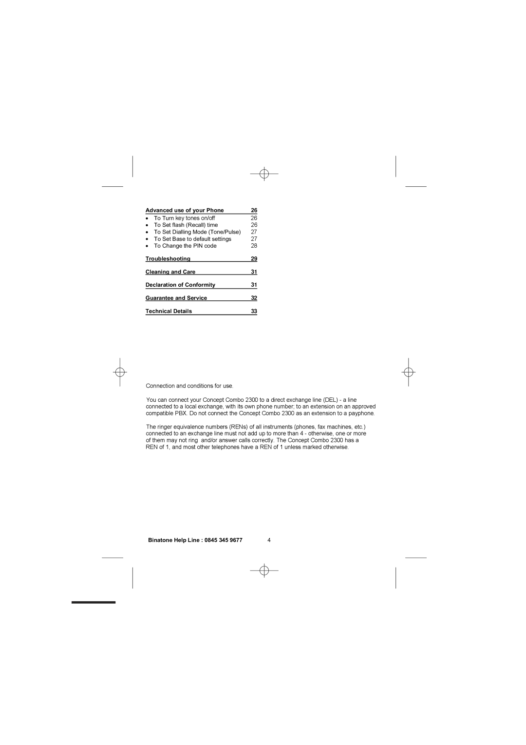 Binatone 2300 manual Connection and conditions for use 