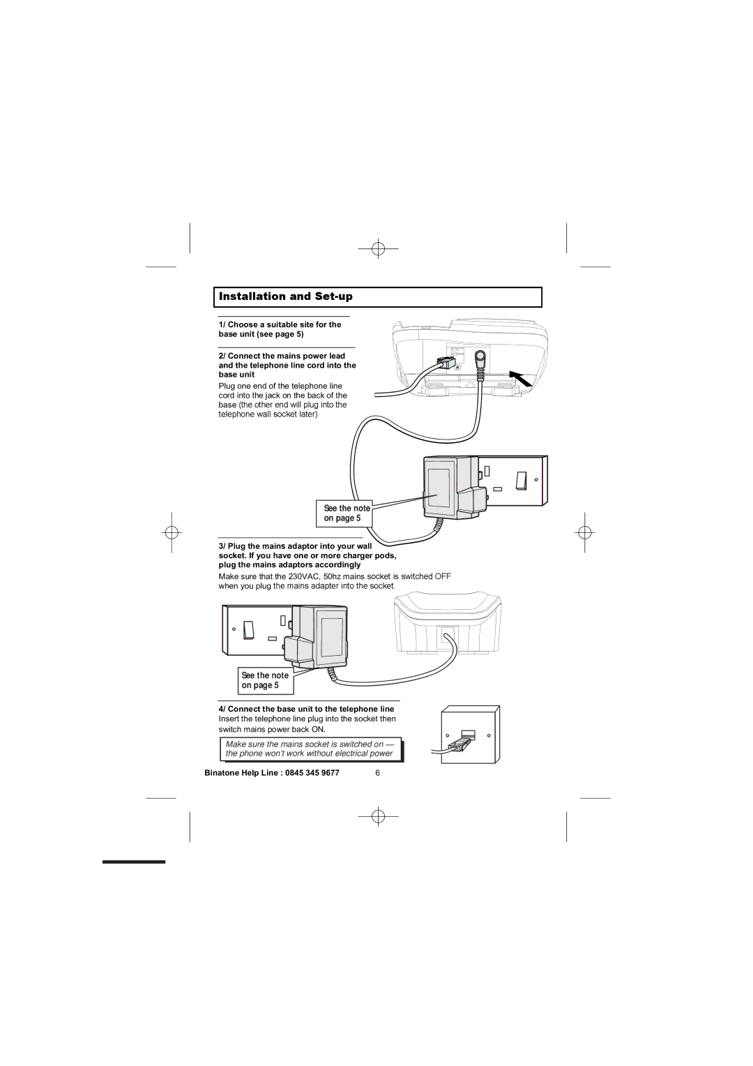 Binatone 2300 Installation and Set-up, Plug one end of the telephone line, Connect the base unit to the telephone line 