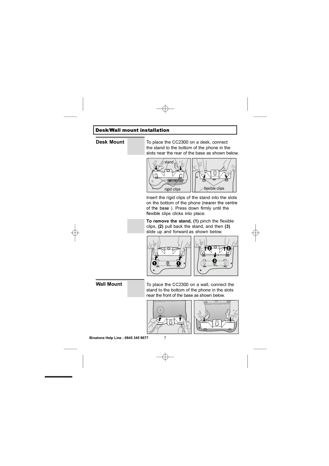 Binatone 2300 manual Desk Mount Wall Mount, Desk/Wall mount installation 