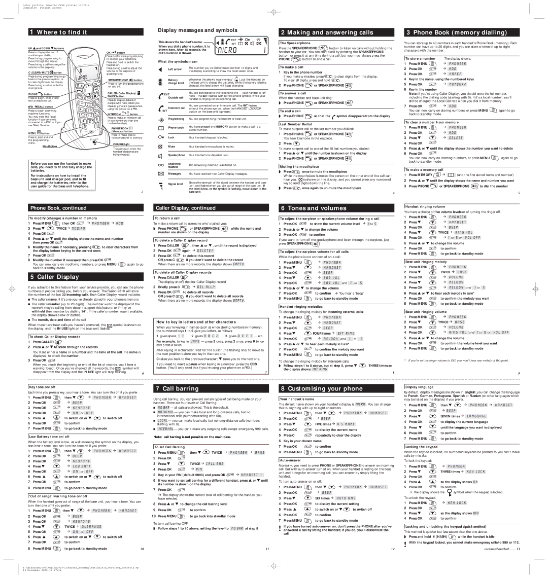 Binatone 2510 manual Where to find it, Making and answering calls, Phone Book memory dialling, Caller Display, Call barring 