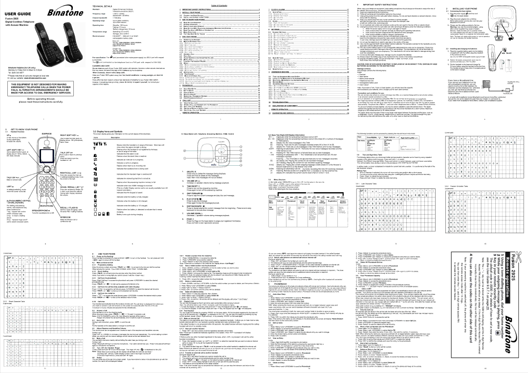 Binatone 2925 manual Technical Details, Important Safety Instructions, Installing Your Phone, GET to Know Your Phone, Left 
