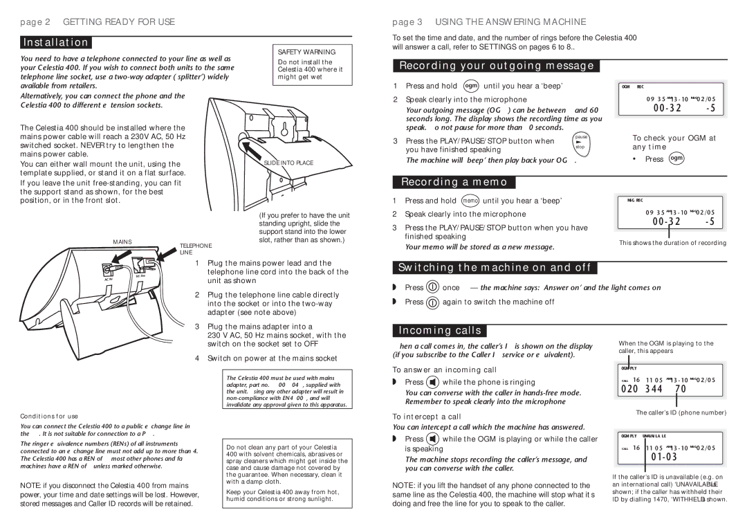 Binatone 3401 manual Installation, Recording your outgoing message, Recording a memo, Incoming calls 