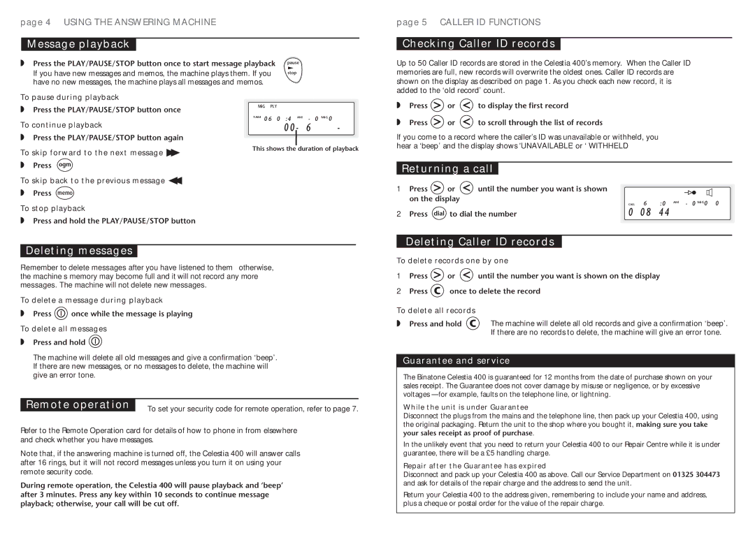 Binatone 3401 manual Message playback, Deleting messages, Checking Caller ID records, Returning a call 