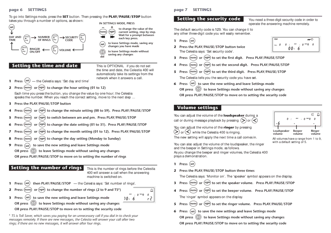 Binatone 3401 manual Volume settings 