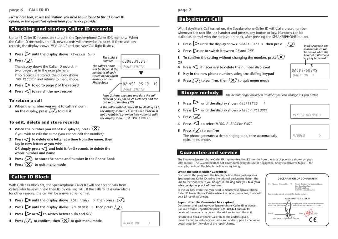 Binatone 3488 manual Checking and storing Caller ID records, Babysitter’s Call, Ringer melody, Guarantee and service 