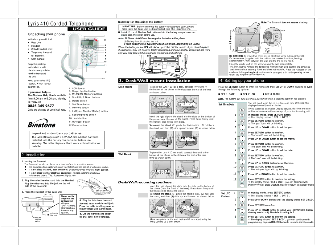 Binatone 410 manual Setting up your phone, Installation 