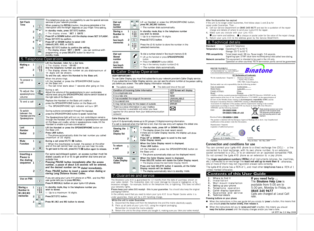 Binatone 410 manual Technical details, Telephone Operations, Caller Display Operation, Guarantee and service 