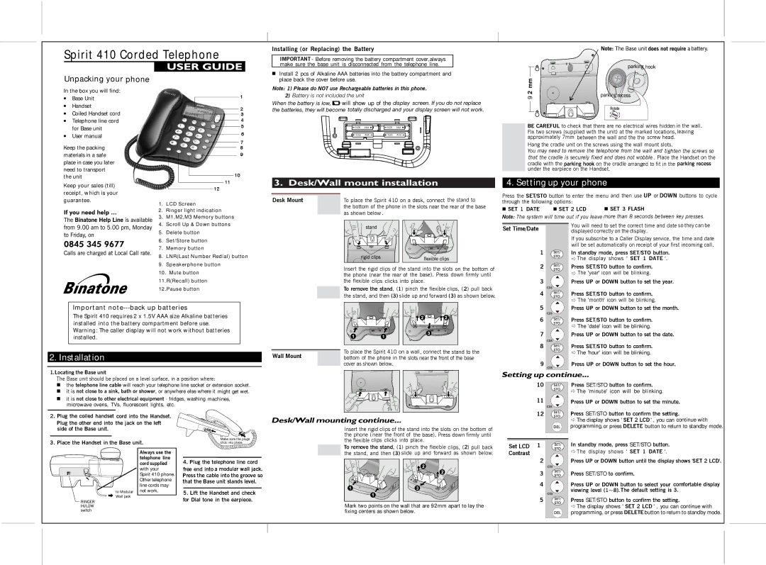 Binatone 410 manual Installing or Replacing the Battery, Desk Mount, Set Time/Date, Set LCD 1 Contrast 