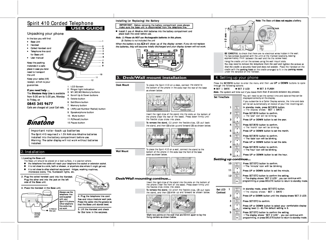 Binatone manual Setting up your phone, Installation, Important note---back up batteries, Lyris 410 Corded Telephone 