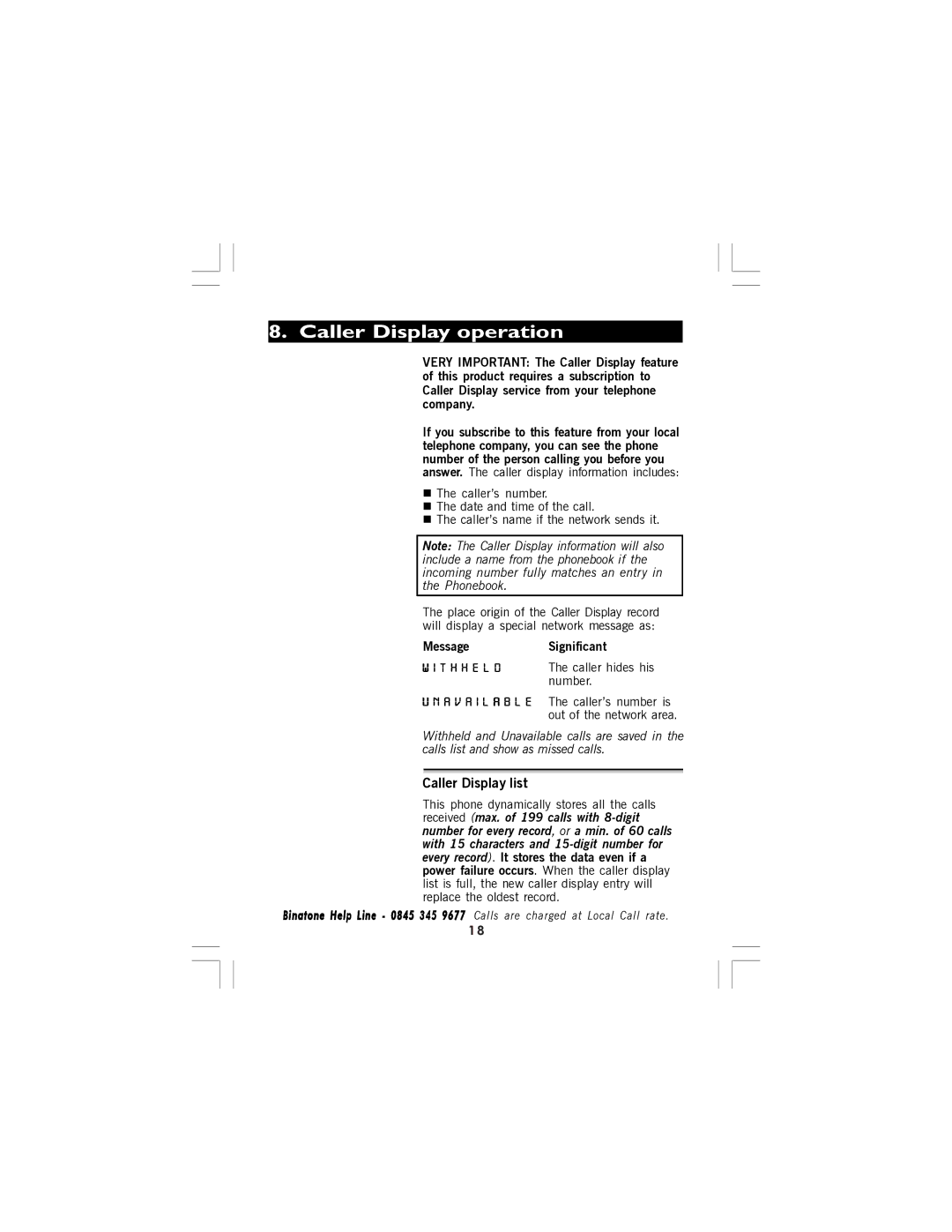 Binatone 5 manual Caller Display operation, Caller Display list 