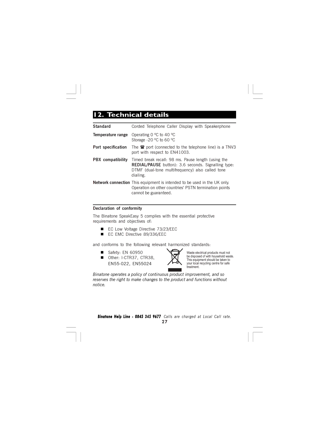 Binatone 5 manual Technical details, Declaration of conformity 