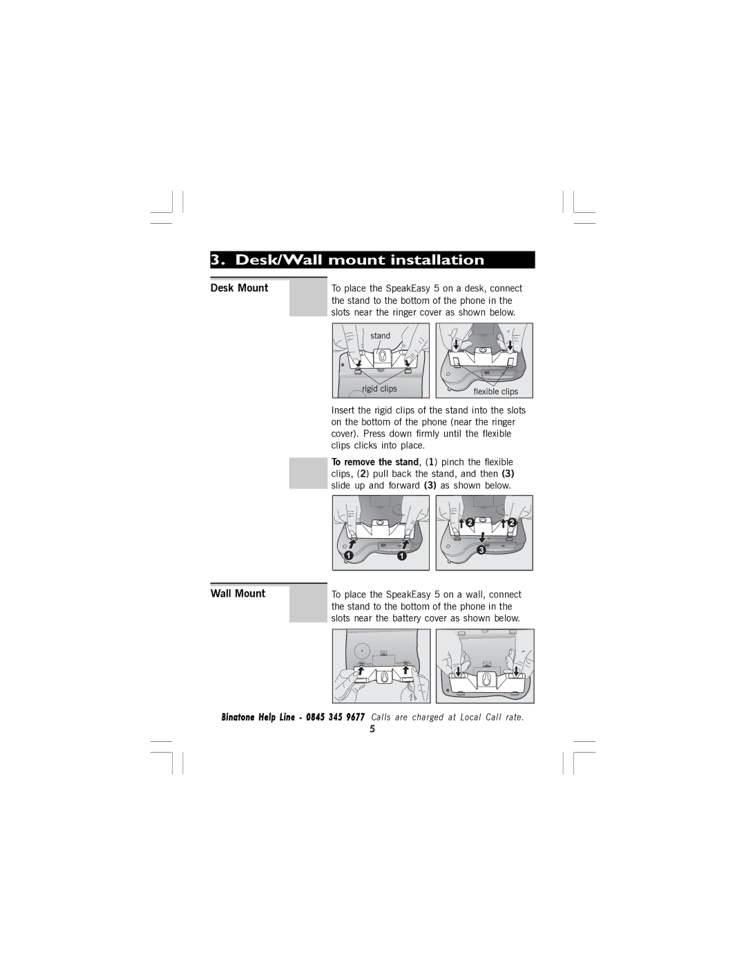 Binatone 5 manual Desk/Wall mount installation, Desk Mount, Wall Mount 