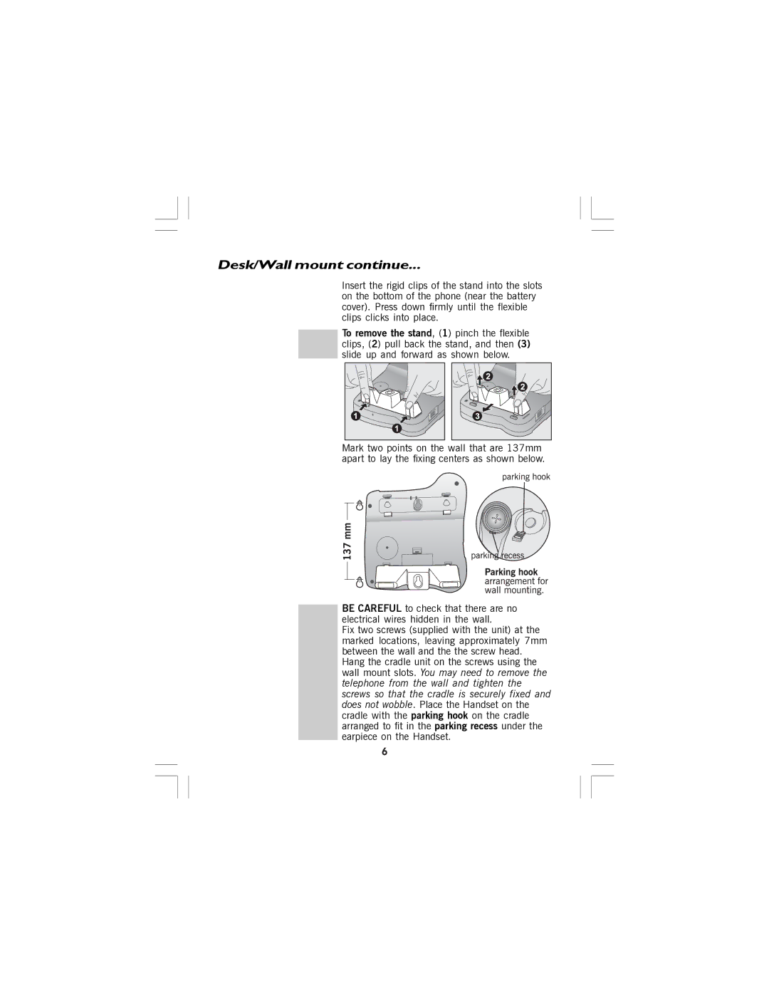 Binatone 5 manual Desk/Wall mount continue 