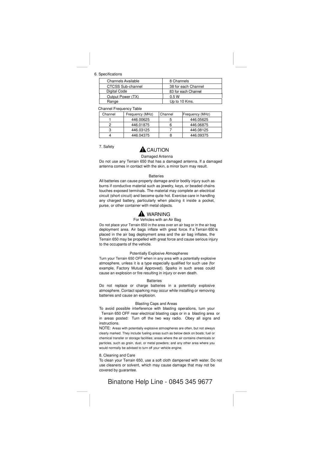 Binatone 650 manual Safety Damaged Antenna, Batteries, For Vehicles with an Air Bag, Potentially Explosive Atmospheres 