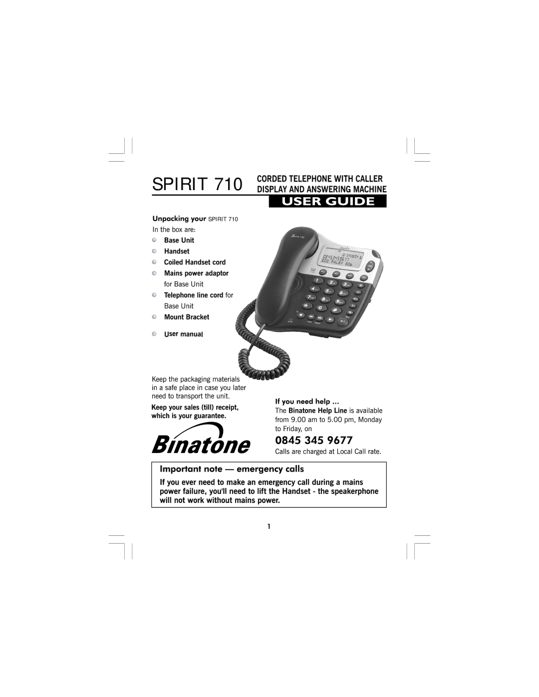 Binatone 710 manual Spirit 