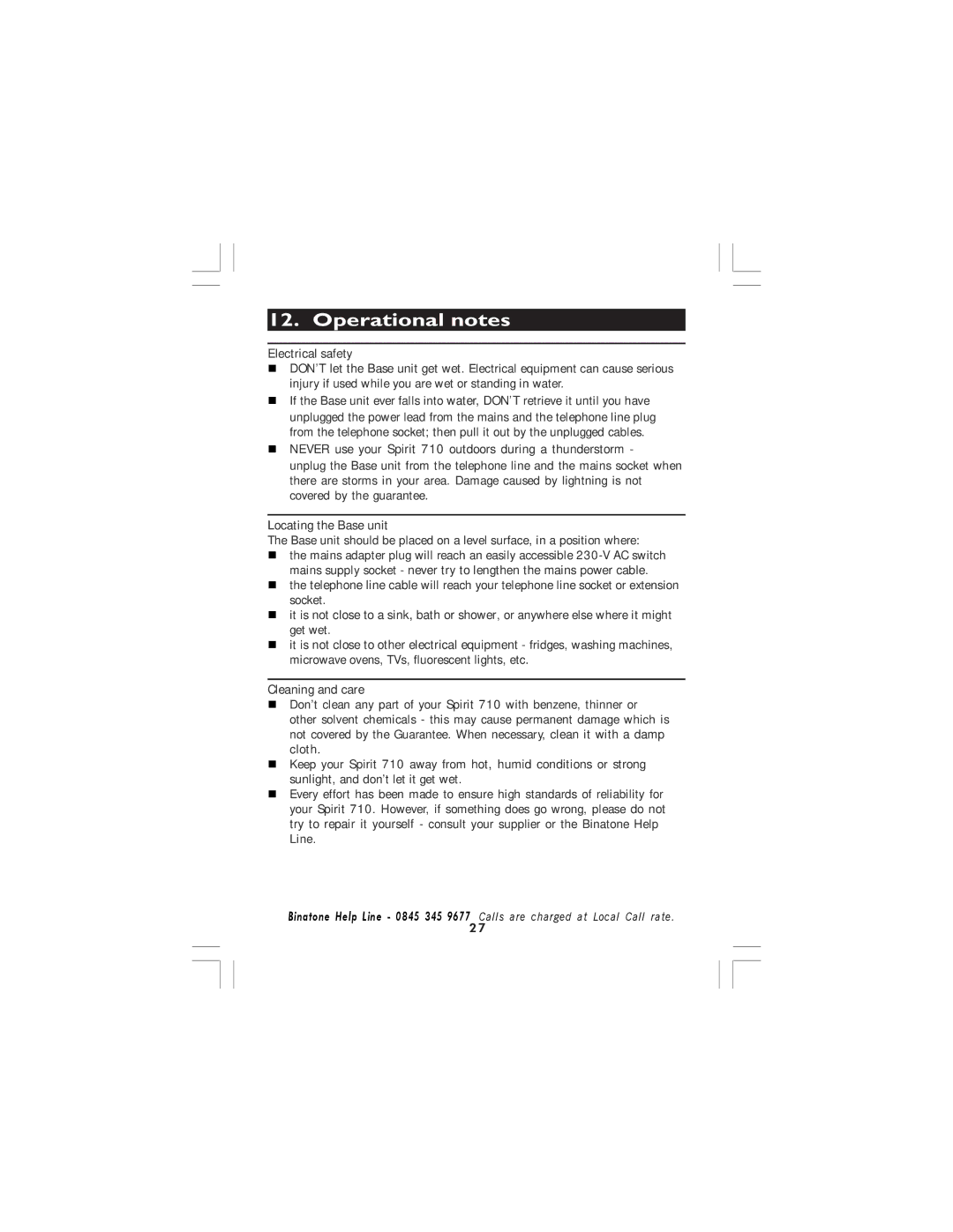 Binatone manual Operational notes, Electrical safety, „ Never use your Spirit 710 outdoors during a thunderstorm 