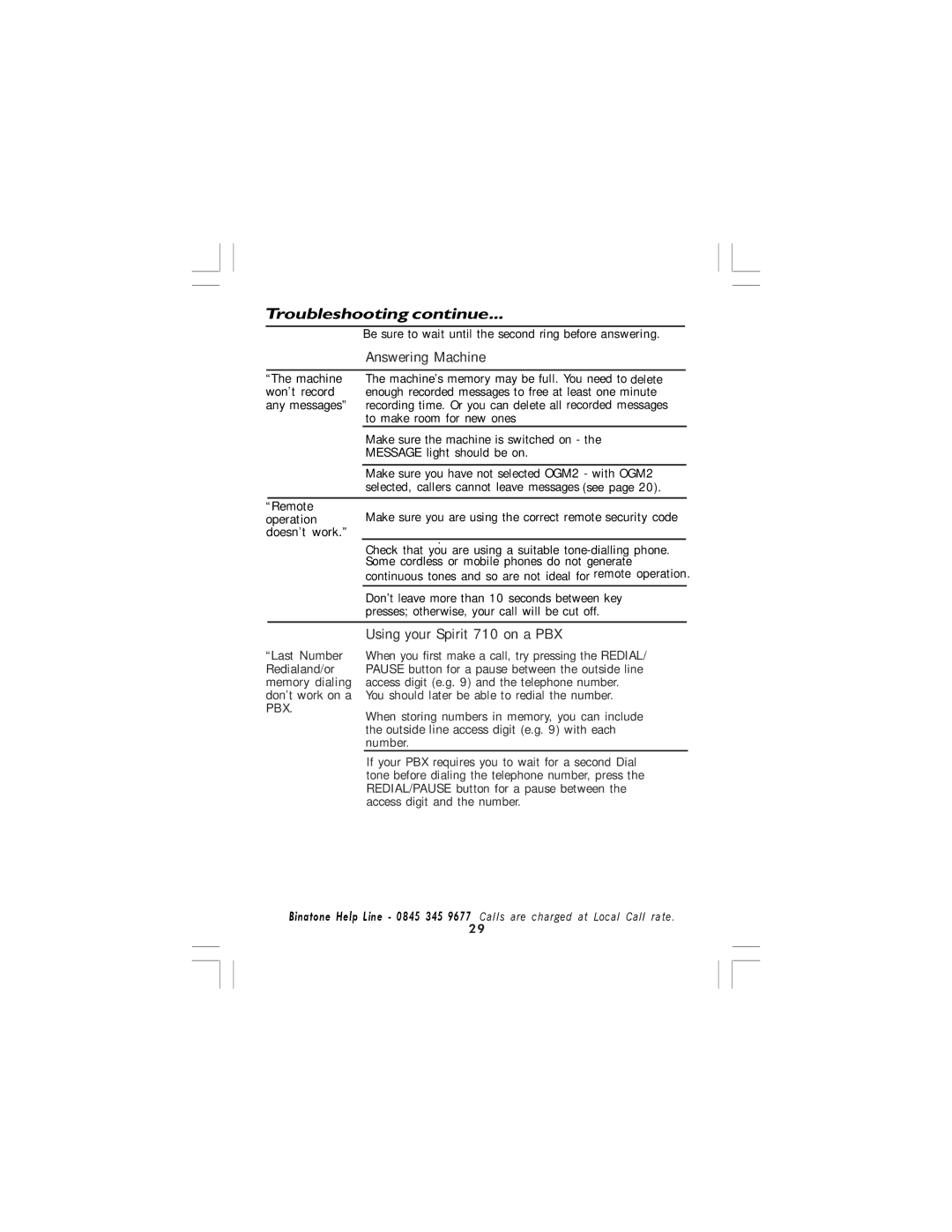 Binatone 710 manual Troubleshooting continue 