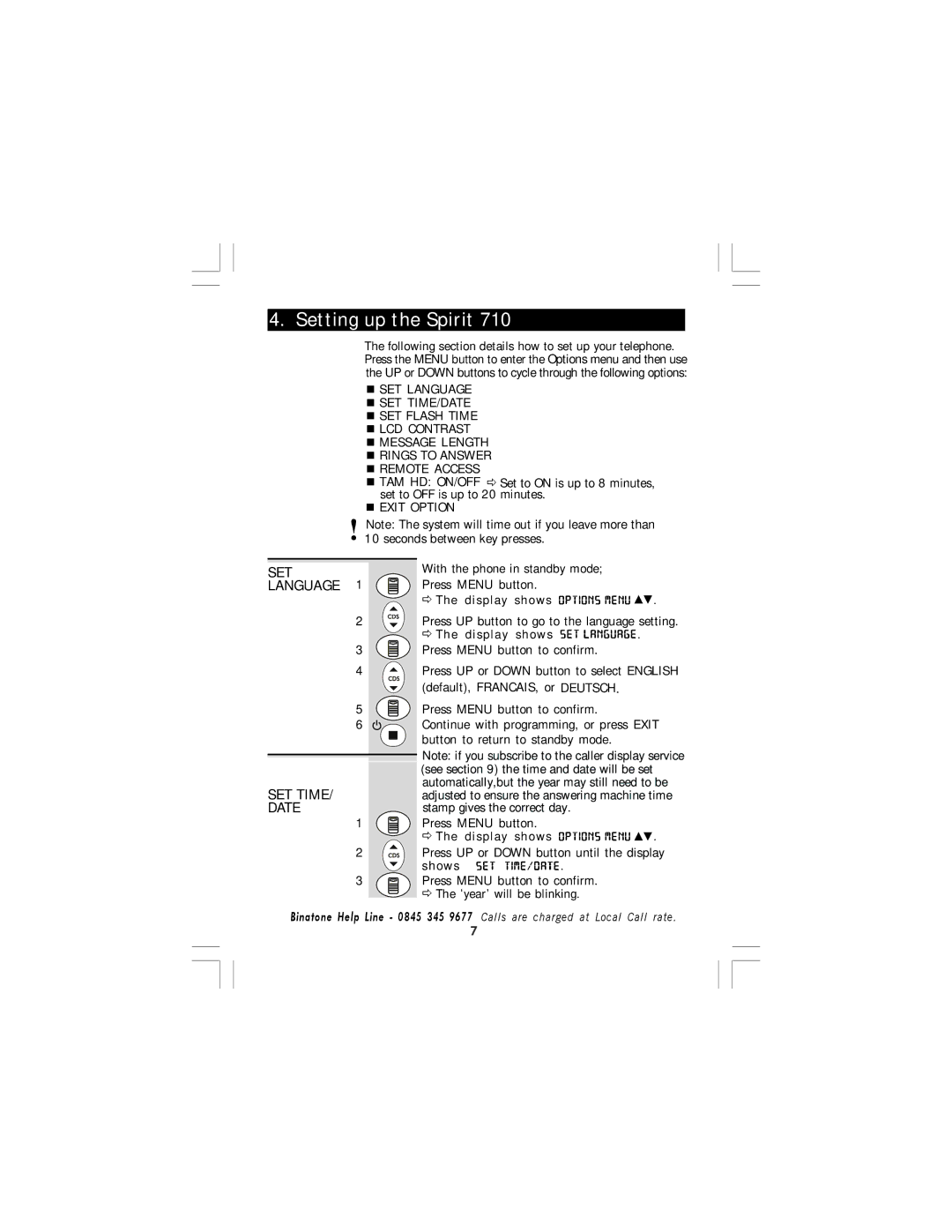 Binatone 710 manual Set, Language, SET Time, Date 