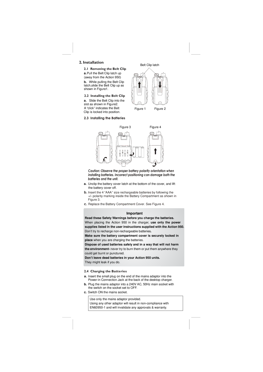 Binatone 950 manual Installation, Removing the Belt Clip, Installing the Belt Clip, Charging the Batteries 