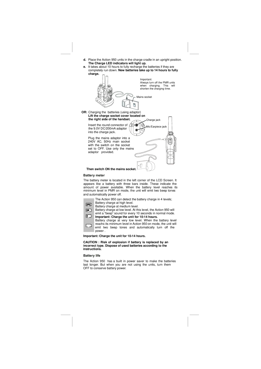 Binatone 950 manual DWWHU\ Phwhu, Important Charge the unit for 10-14 hours 