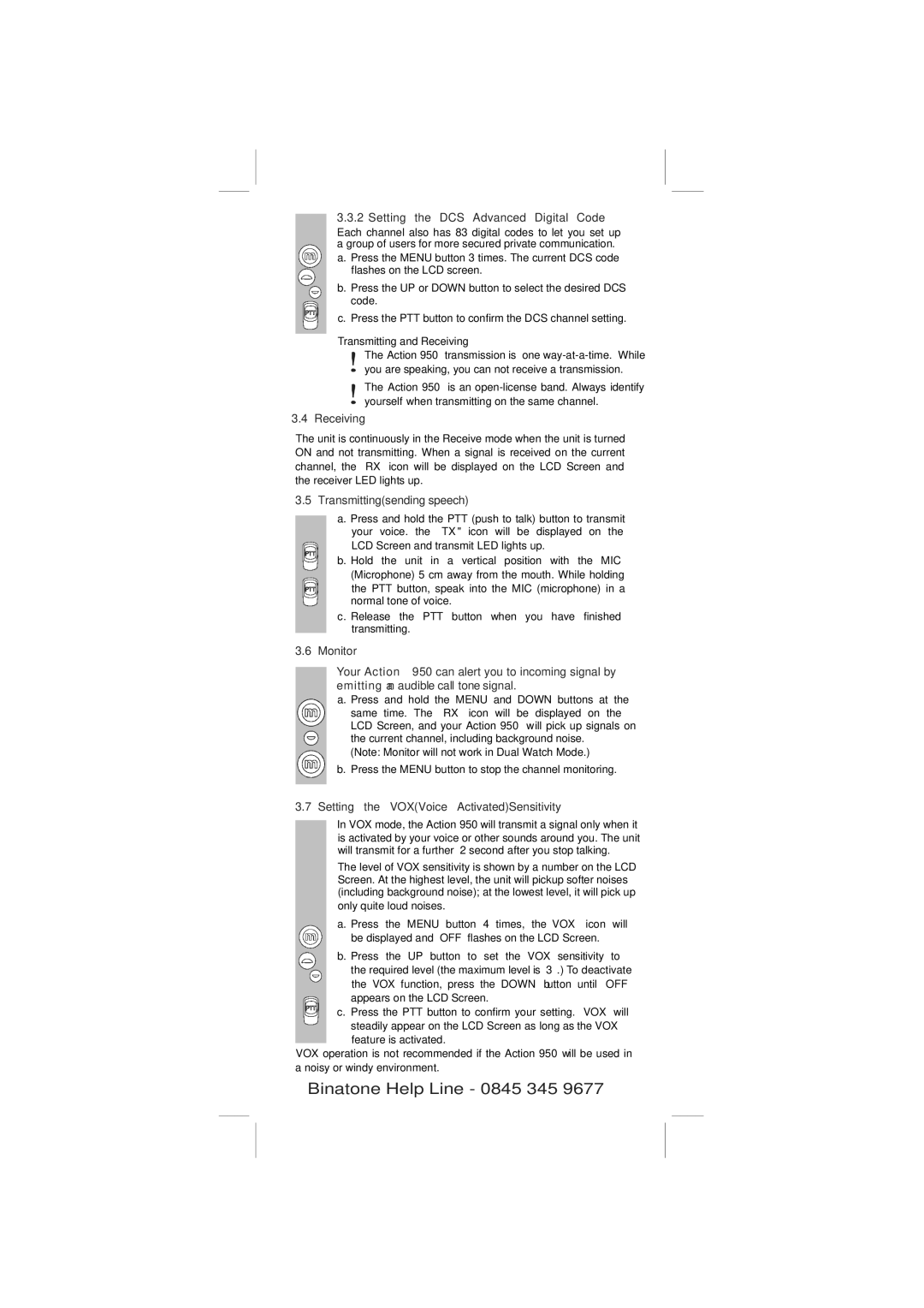 Binatone 950 manual Setting the DCS Advanced Digital Code, Receiving, Transmittingsending speech, Monitor 