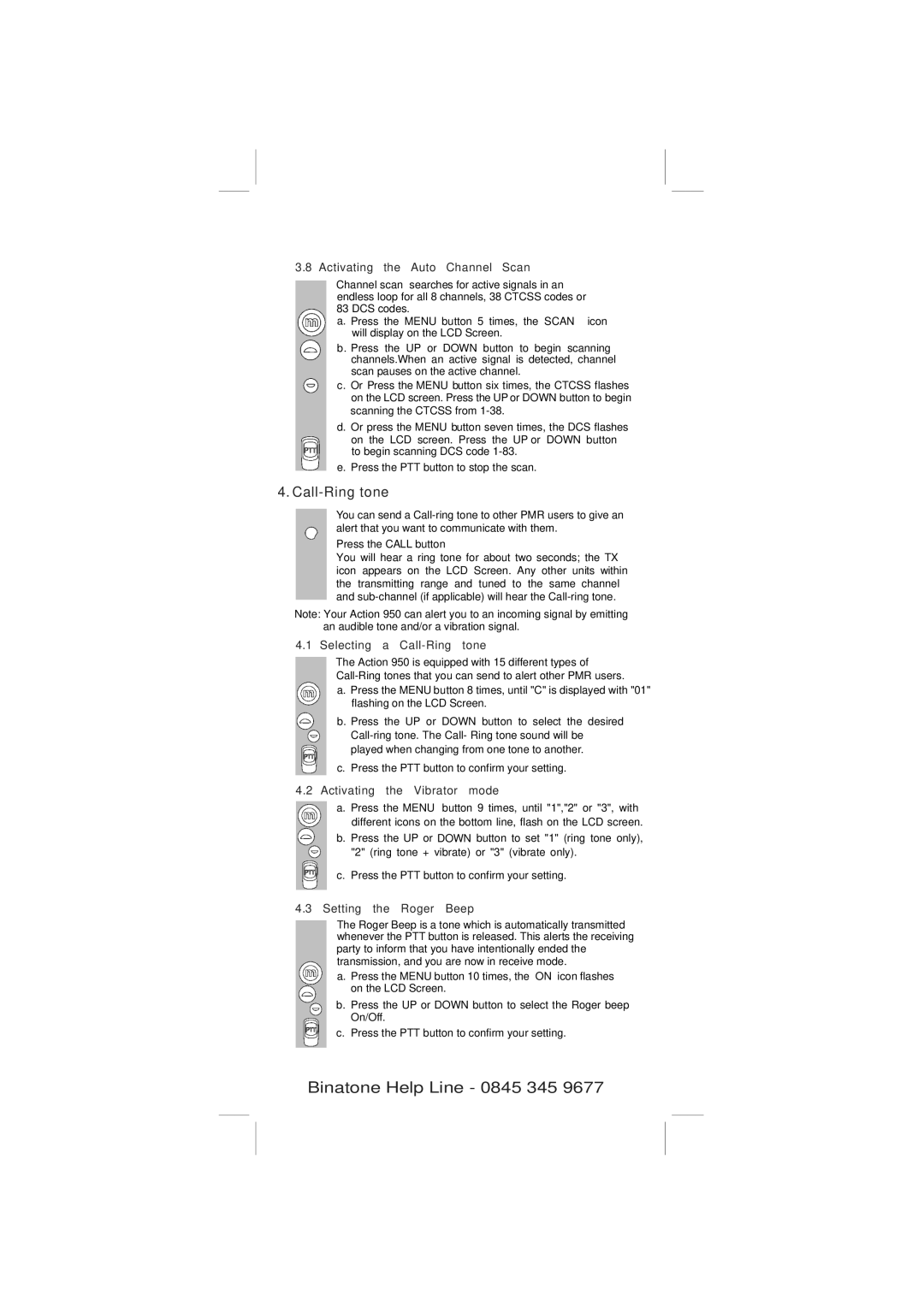 Binatone 950 manual Activating the Auto Channel Scan, Selecting a Call-Ring tone, Activating the Vibrator mode 