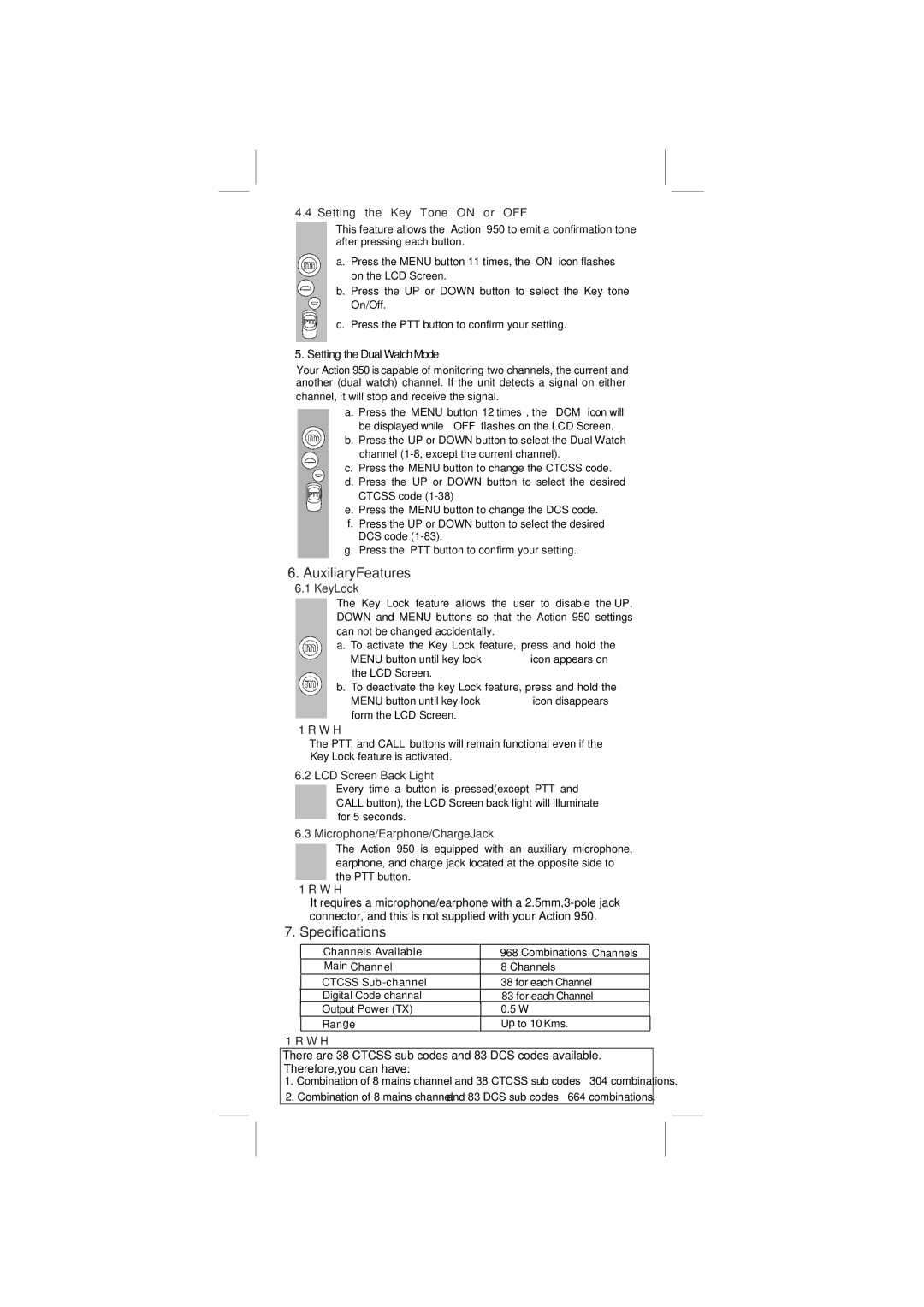 Binatone 950 manual AuxiliaryFeatures, Specifications 