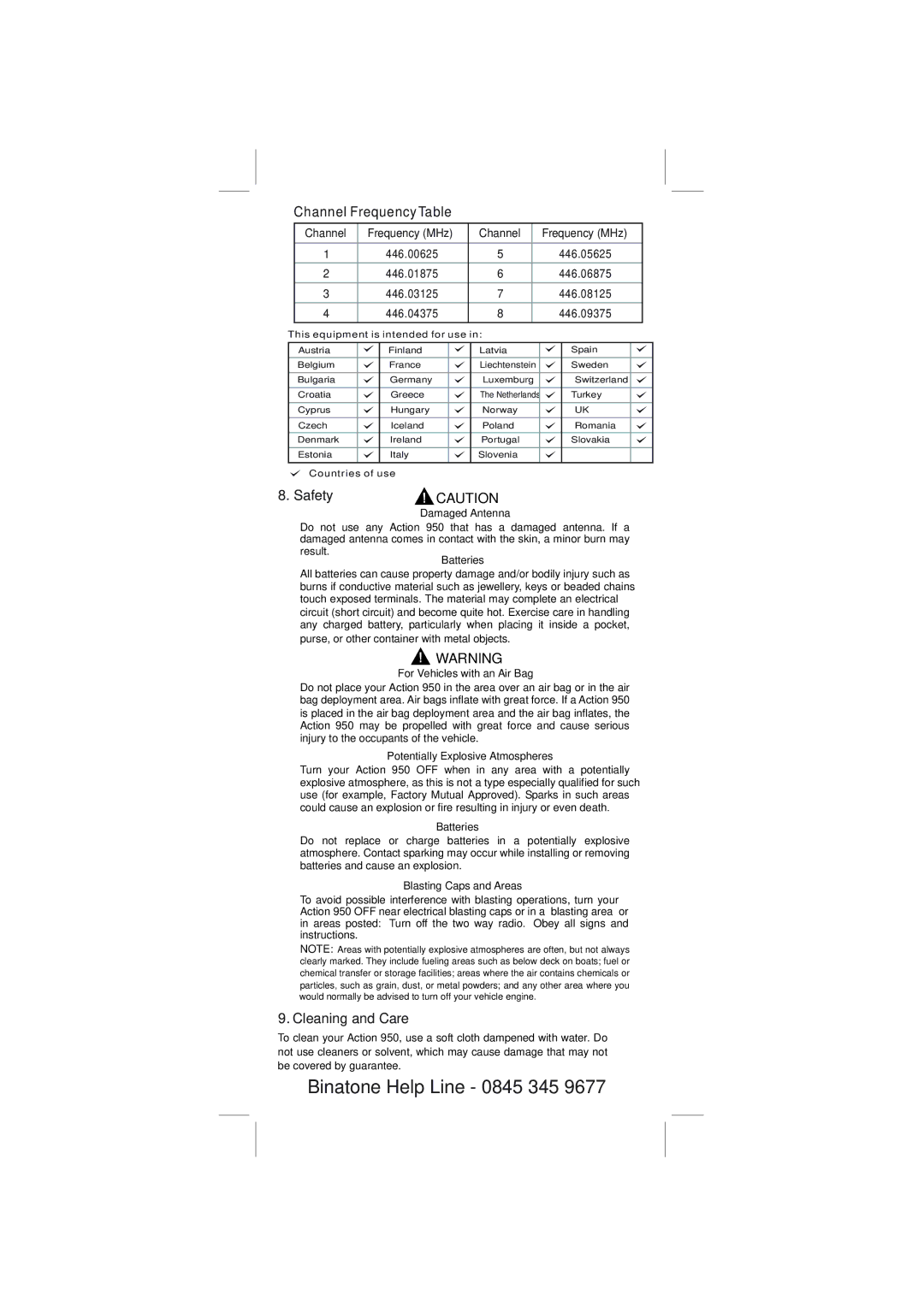 Binatone 950 manual Channel Frequency Table, Safety, Cleaning and Care 