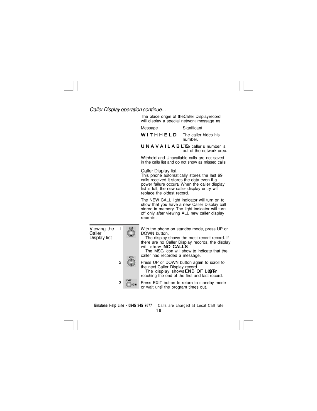 Binatone CAPRICE 600 manual Caller Display operation continue, Caller Display list, Viewing 