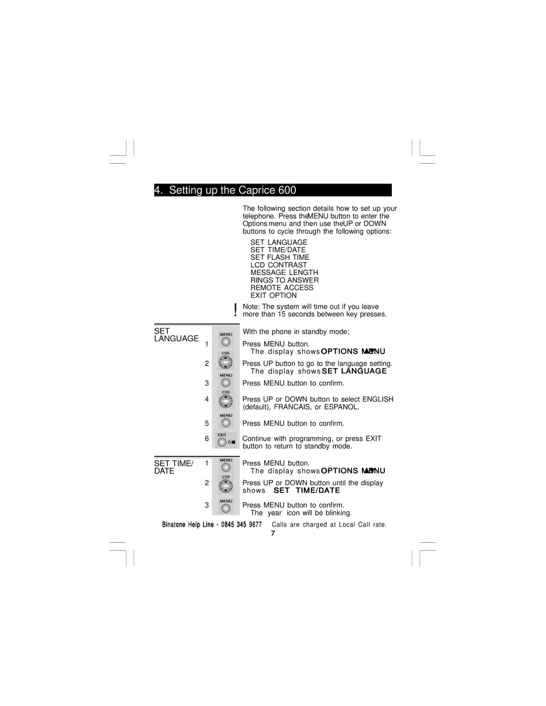 Binatone CAPRICE 600 manual Setting up the Caprice, Language, SET Time, Date 