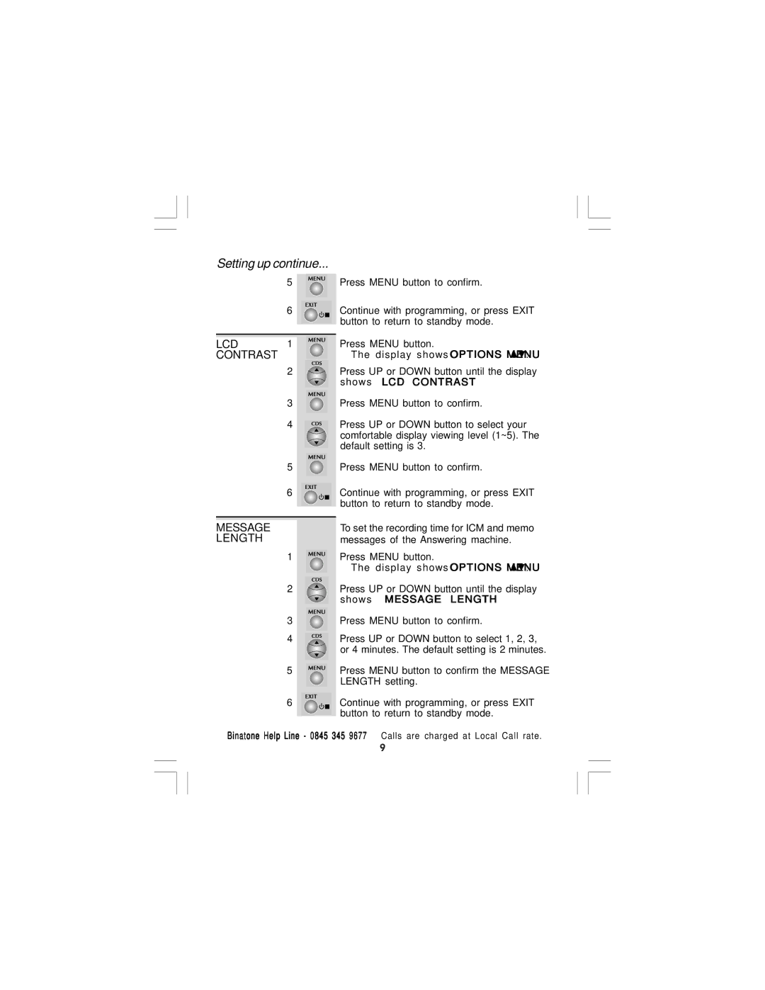 Binatone CAPRICE 600 manual LCD 1 Contrast Message Length, Press Menu button to confirm the Message Length setting 