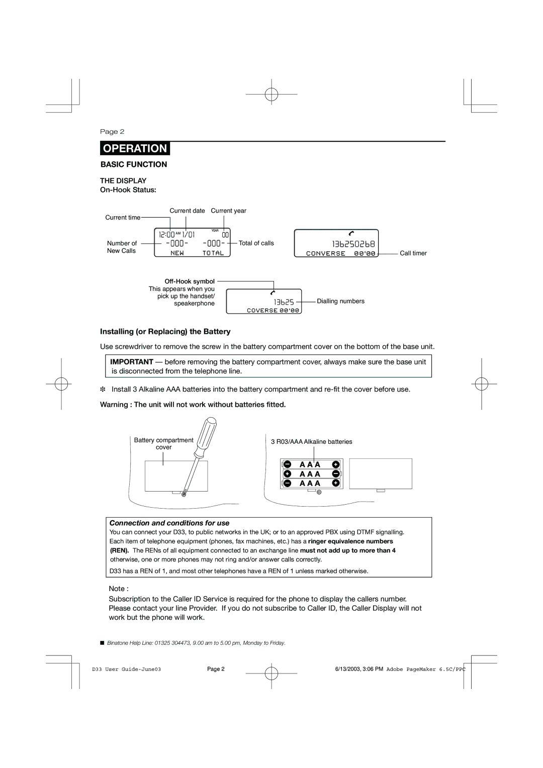 Binatone D33, 0433 manual Operation, Basic Function, On-Hook Status, Installing or Replacing the Battery 