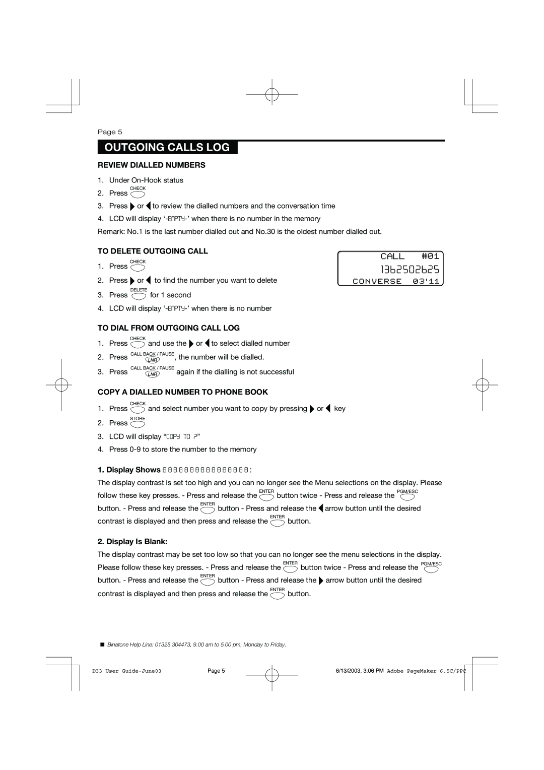 Binatone 0433, D33 Outgoing Calls LOG, Review Dialled Numbers, To Delete Outgoing Call, To Dial from Outgoing Call LOG 