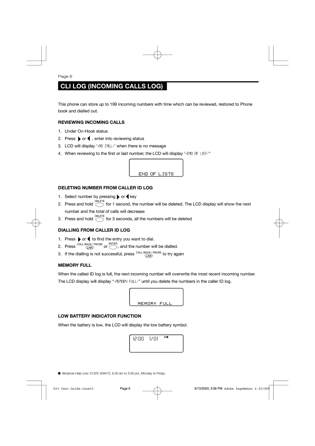 Binatone D33, 0433 manual CLI LOG Incoming Calls LOG 