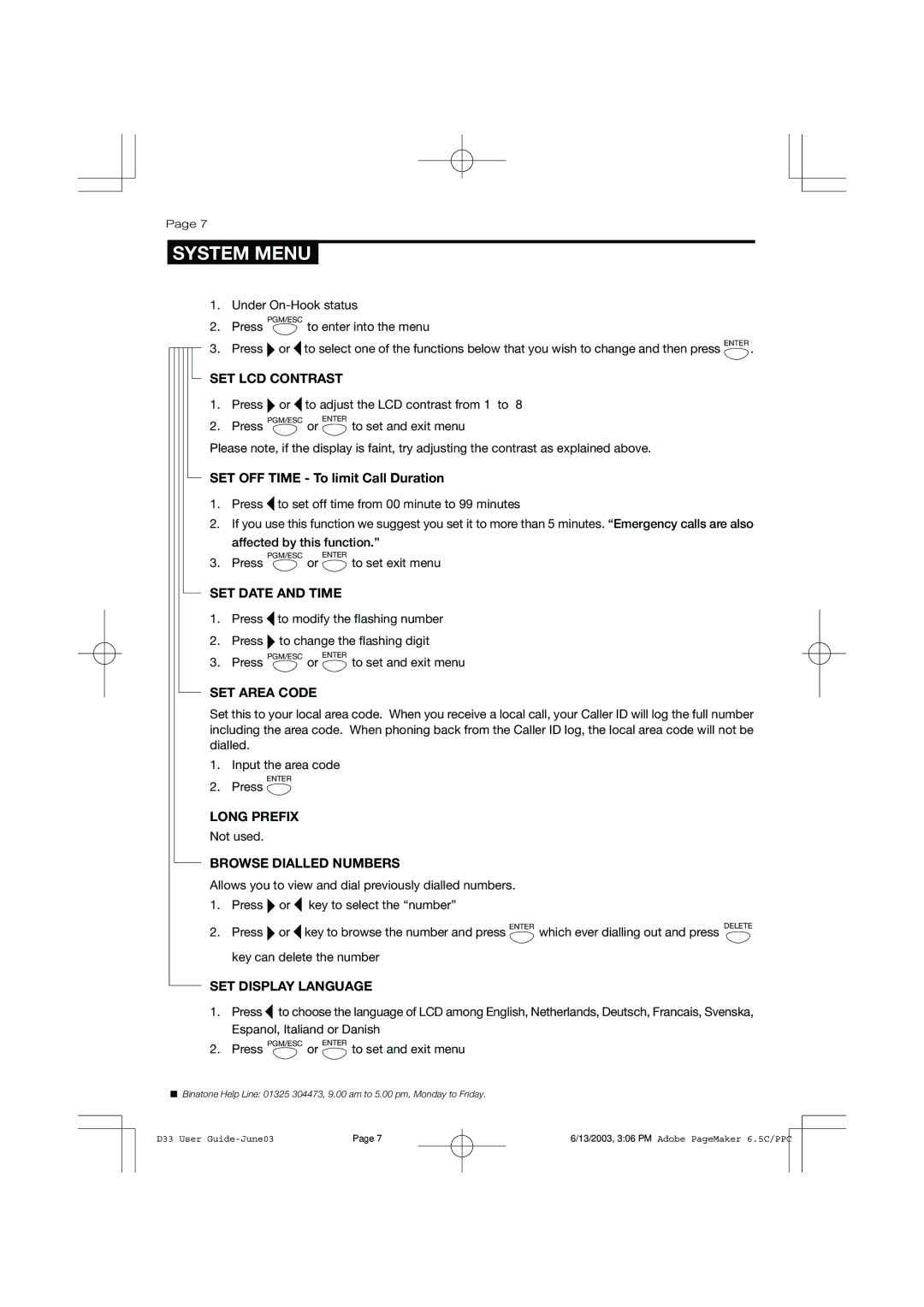 Binatone 0433, D33 manual System Menu 