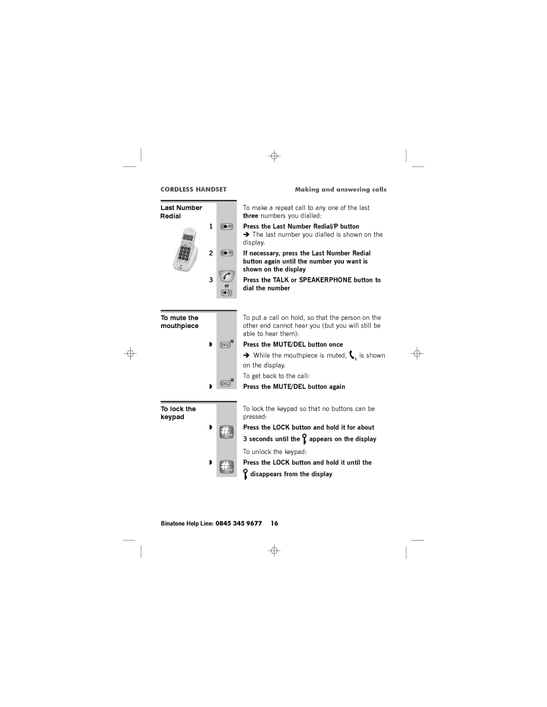 Binatone SC2050 manual Last Number Redial To mute the mouthpiece To lock the keypad 