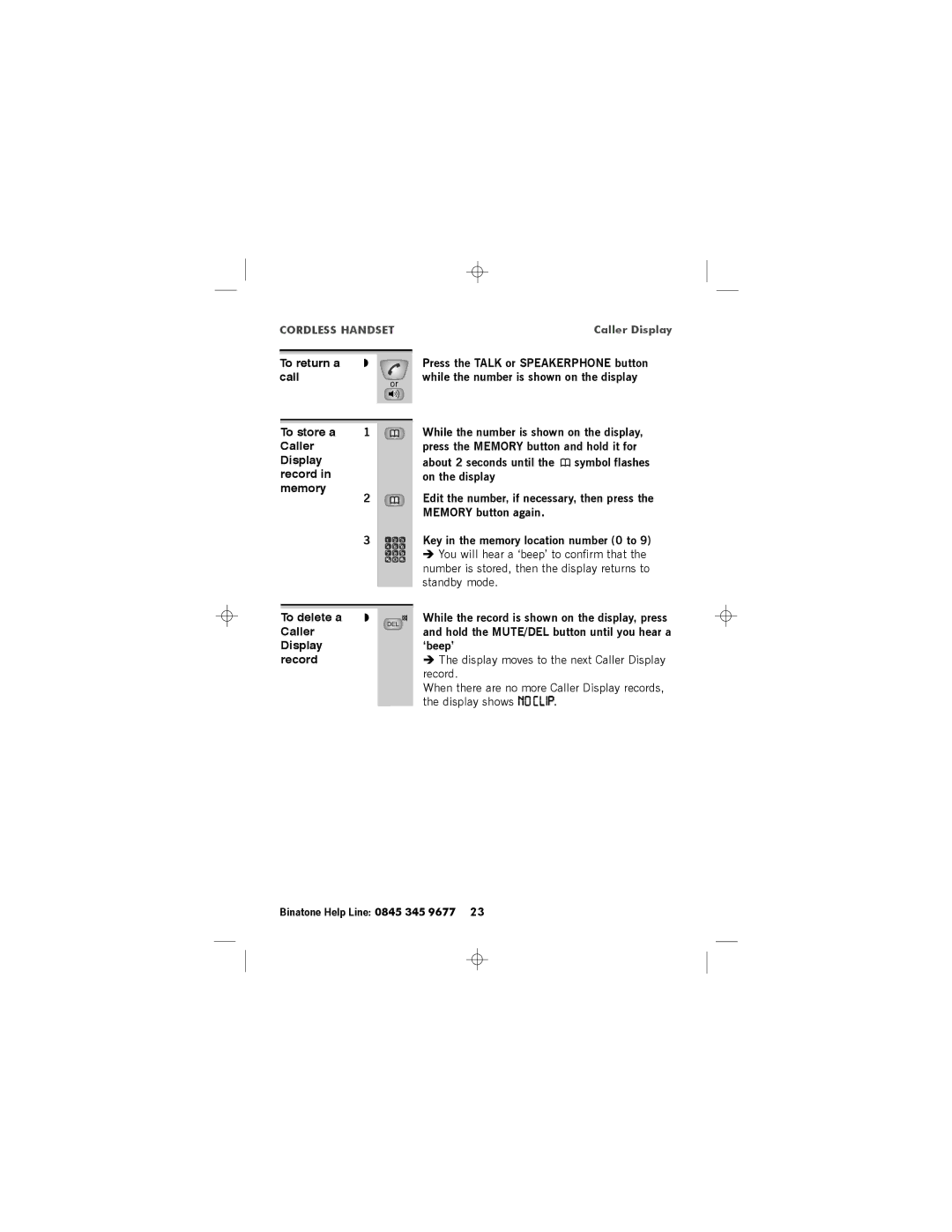 Binatone SC2050 manual To return a », Display ‘beep’ Record 