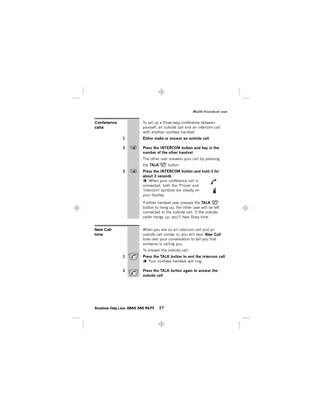 Binatone SC2050 manual Conference calls New Call tone, ‘Intercom’ symbols are steady on your display 