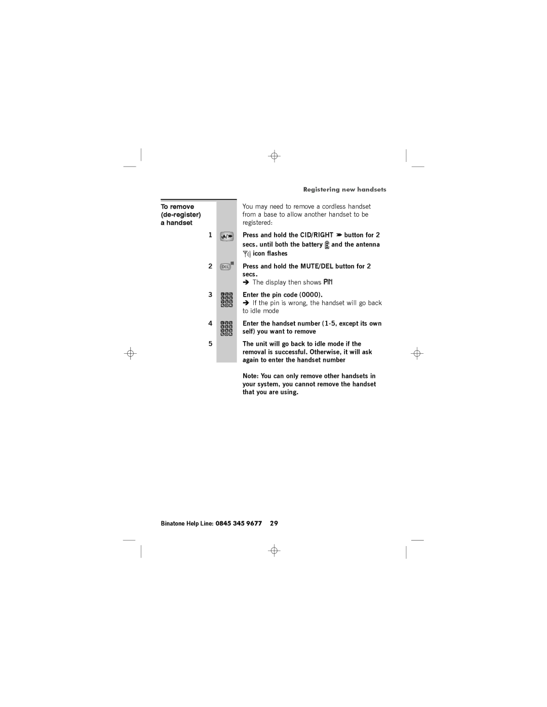 Binatone SC2050 manual You may need to remove a cordless handset, To remove, To idle mode, Self you want to remove 