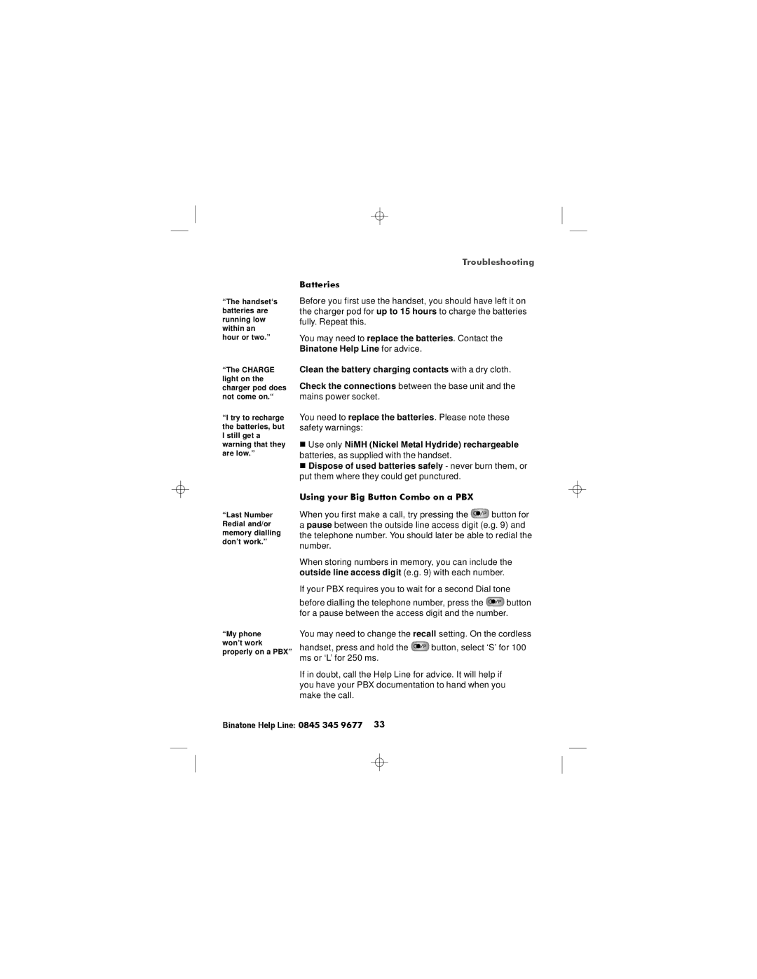 Binatone SC2050 manual Troubleshooting 