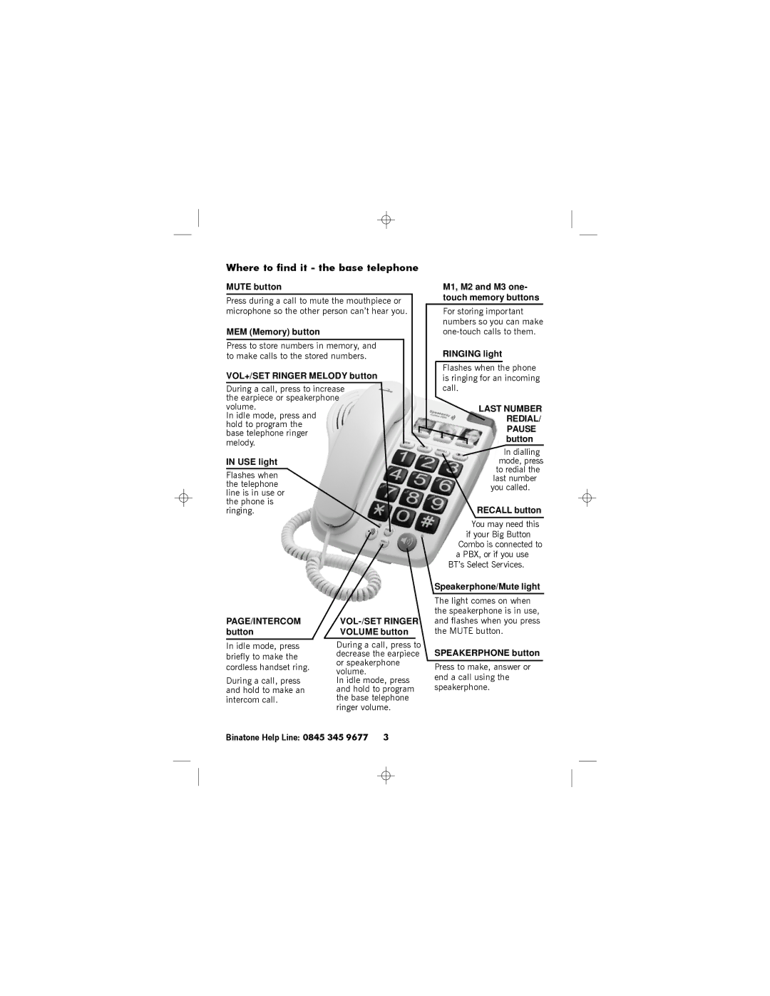 Binatone SC2050 manual Where to find it the base telephone 