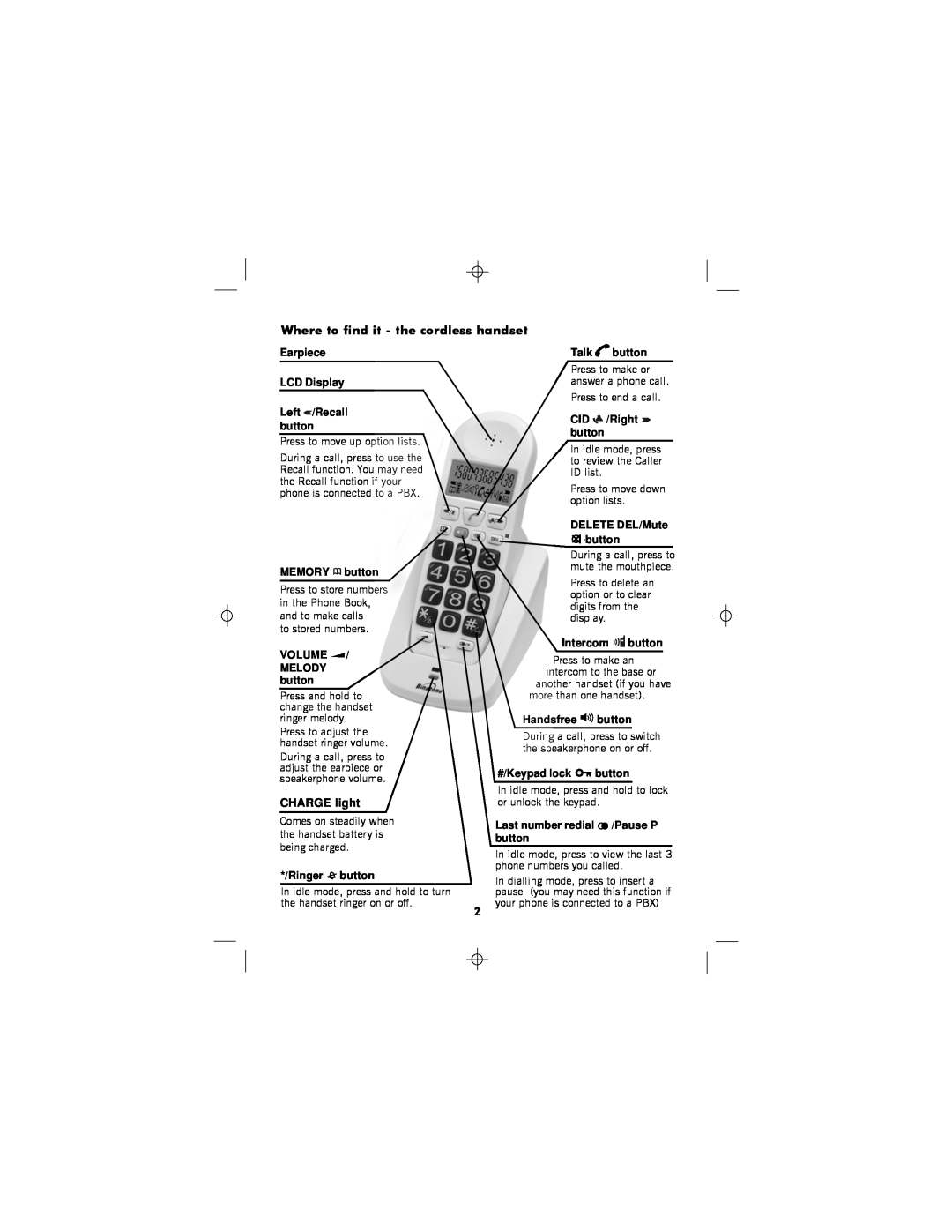 Binatone SC2050 manual Where to find it - the cordless handset, CHARGE light 
