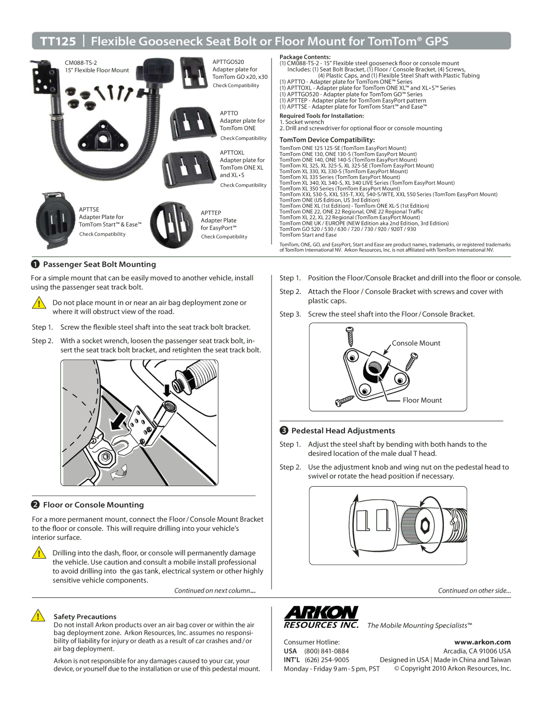 Binatone TT125 manual Passenger Seat Bolt Mounting, Floor or Console Mounting, Pedestal Head Adjustments 