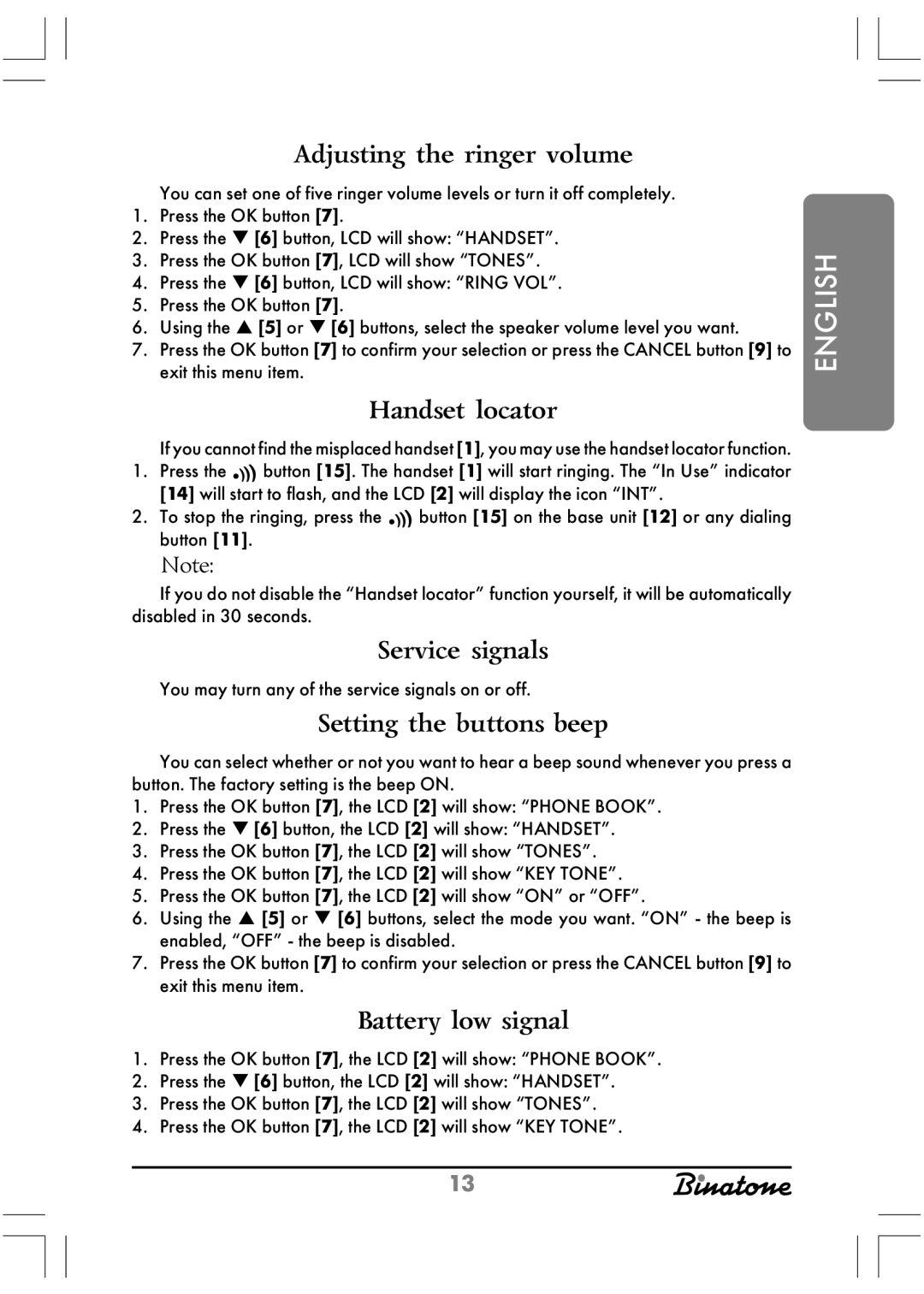 Binatone Twin XD1220 manual Adjusting the ringer volume, Handset locator, Service signals, Setting the buttons beep 