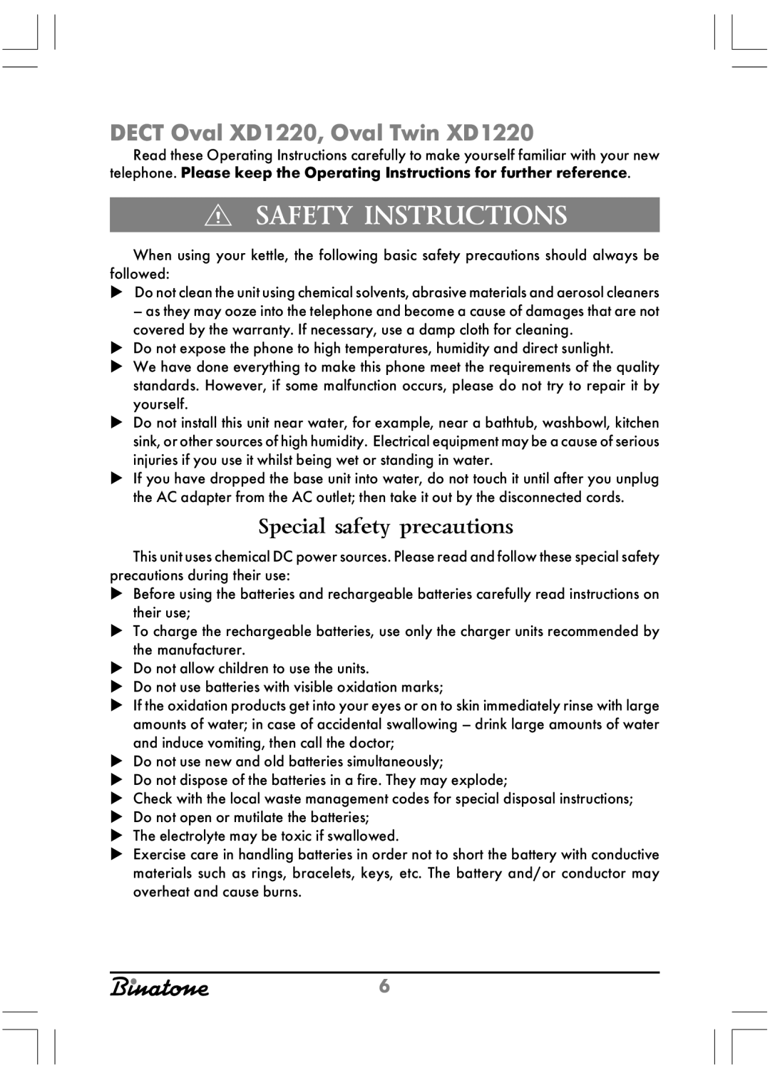 Binatone Twin XD1220 manual Safety Instructions, Special safety precautions 