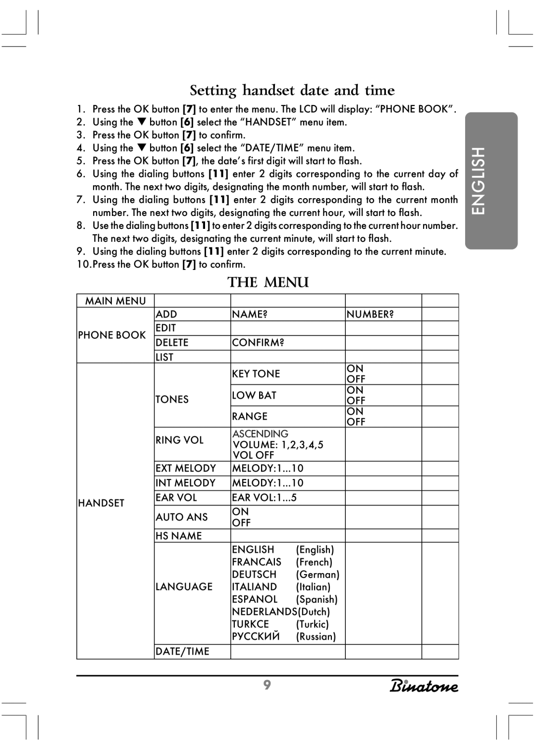 Binatone Twin XD1220 manual Setting handset date and time 