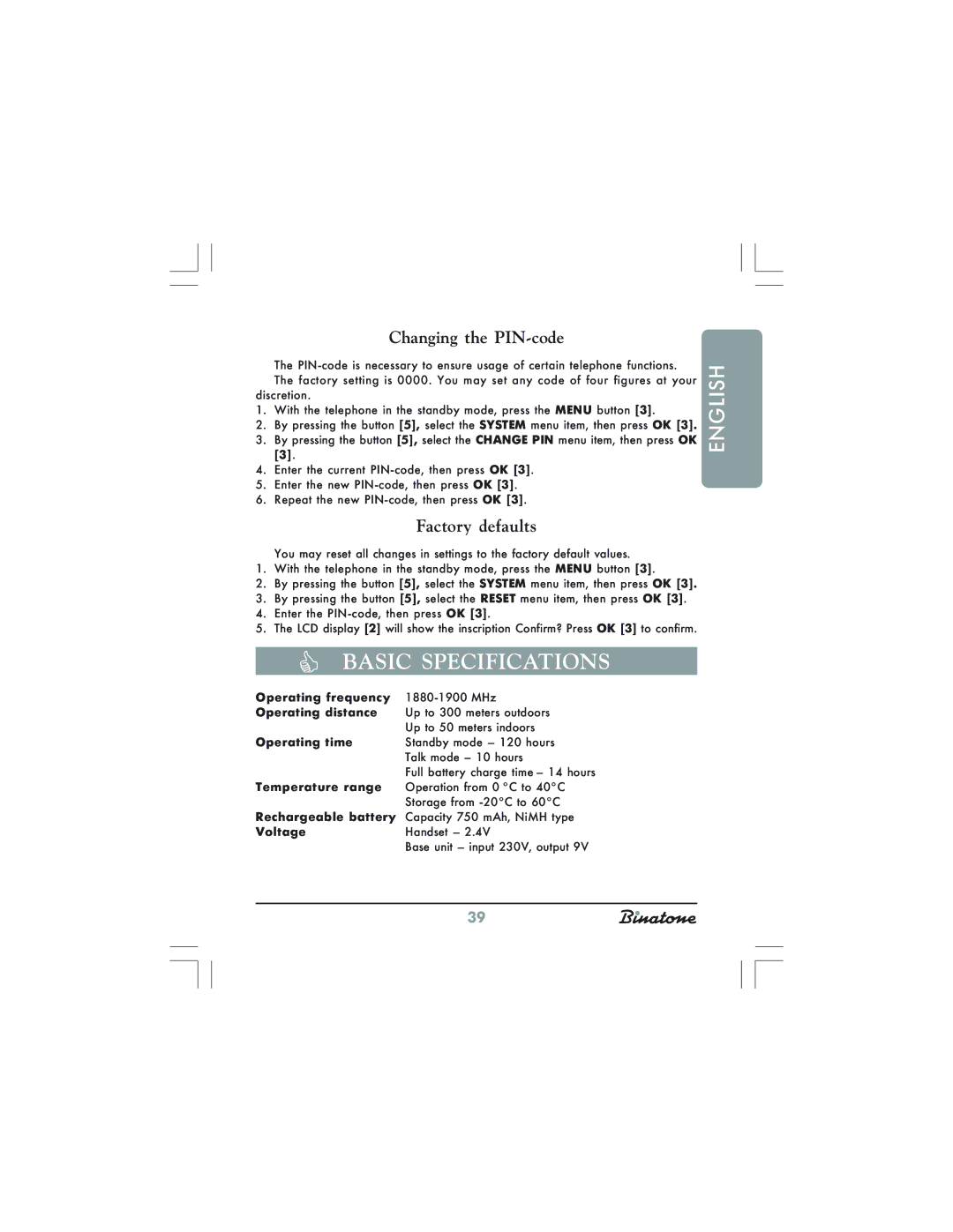 Binatone XDC1520 manual Basic Specifications, Changing the PIN-code, Factory defaults 