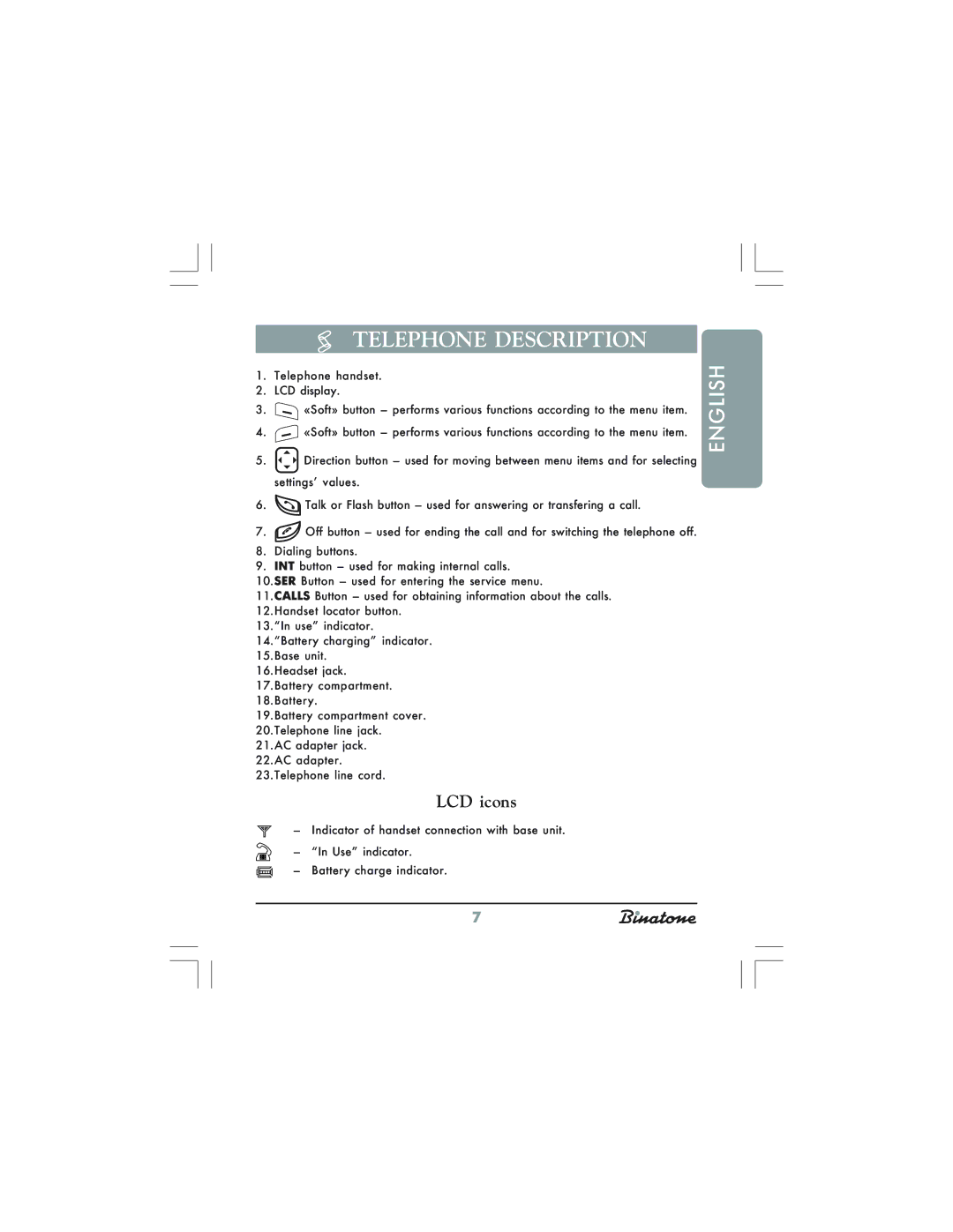 Binatone XDC1520 manual Telephone Description, LCD icons 