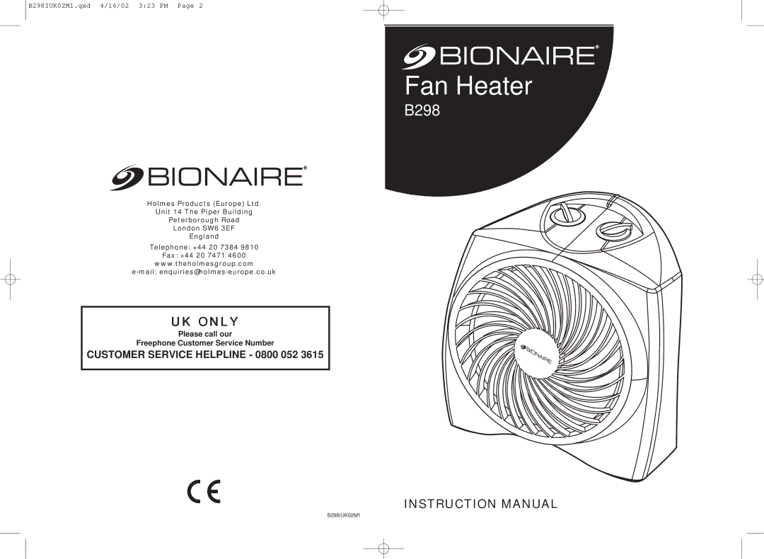 Bionaire B298 instruction manual Fan Heater 